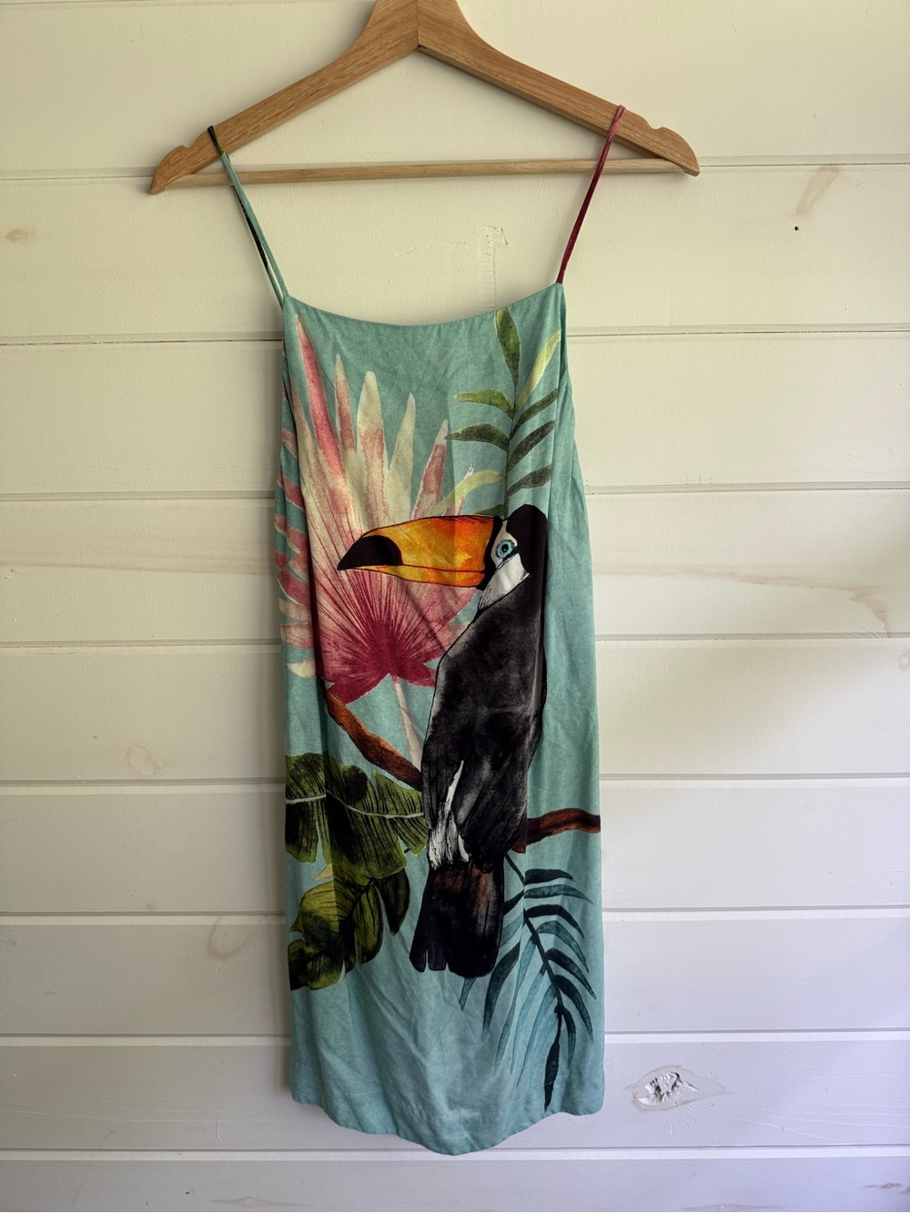 FARM Rio Aqua Toucan Slip Dress with Multicolor Tropical Print